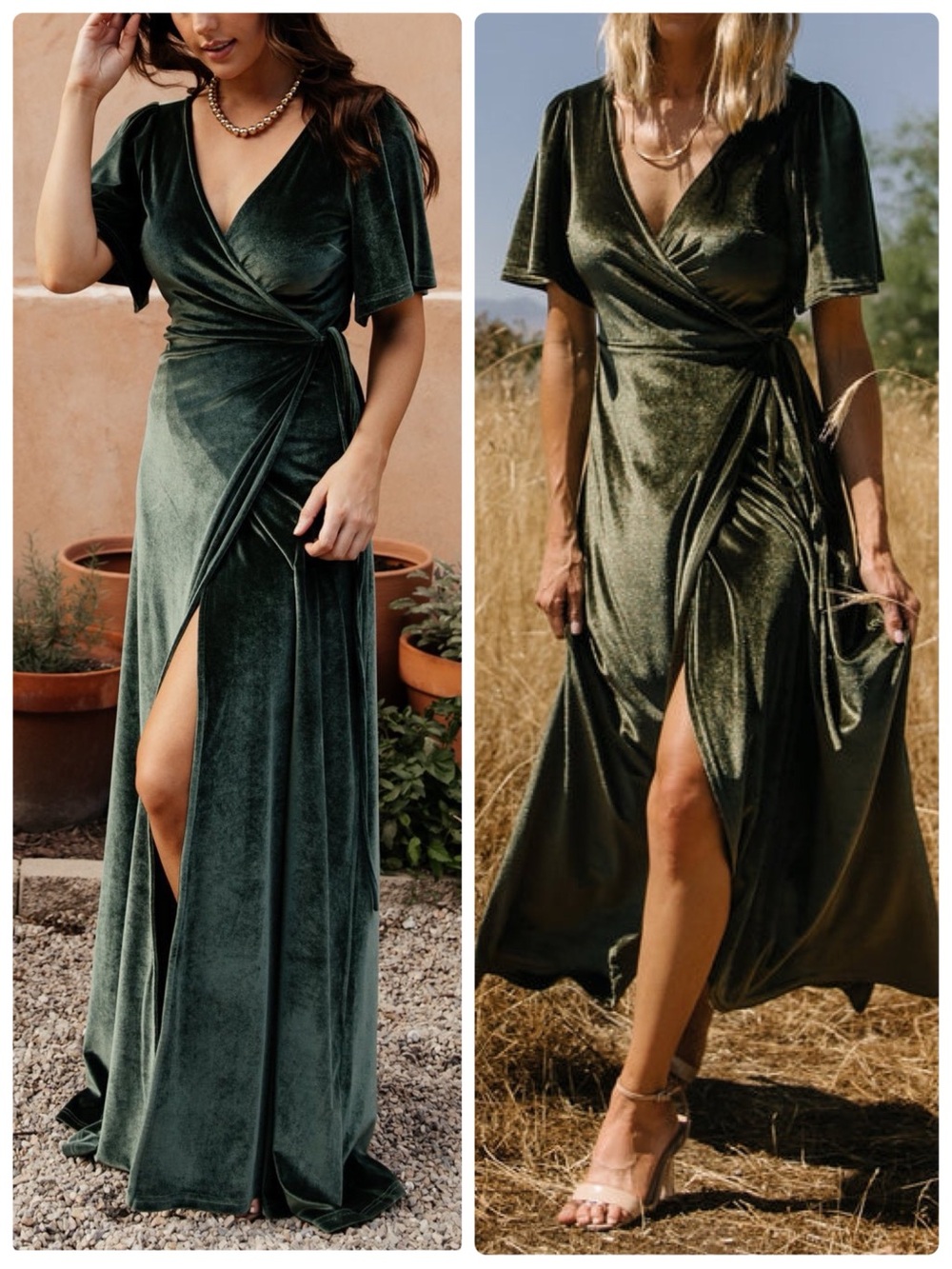 Baltic Born Meghan Velvet Wrap Short Sleeve Maxi Dress in Deep Green